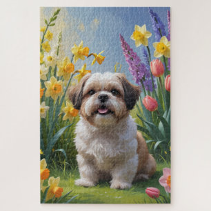 Puzzle Pintura de flores de primavera del perro Shih Tzu