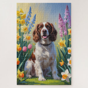 Puzzle Pintura de flores de primavera del perro Springer