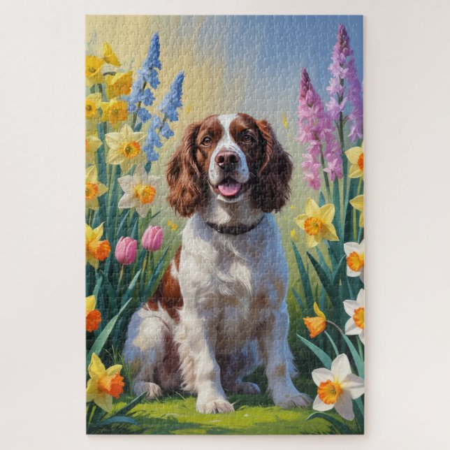 Puzzle Pintura de flores de primavera del perro Springer  (Vertical)