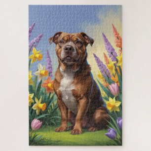 Puzzle Pintura de flores de primavera del perro Staffords