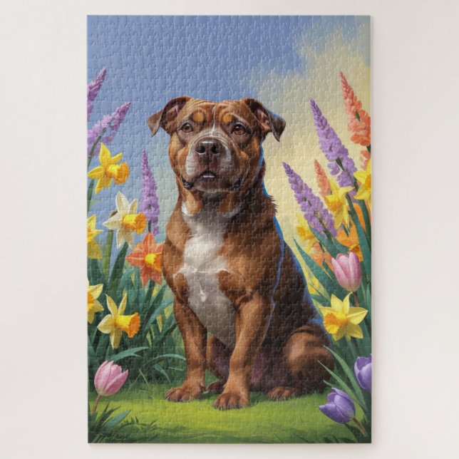 Puzzle Pintura de flores de primavera del perro Staffords (Vertical)