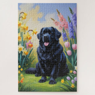 Puzzle Pintura de flores de primavera del perro Terranova
