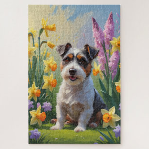 Puzzle Pintura de flores de primavera del perro terrier a