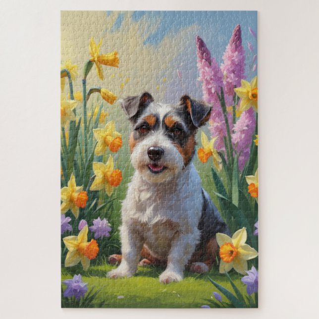 Puzzle Pintura de flores de primavera del perro terrier a (Vertical)