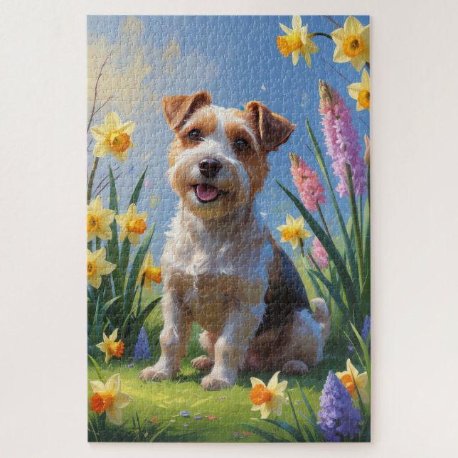 Puzzle Pintura de flores de primavera del perro Terrier B (Vertical)