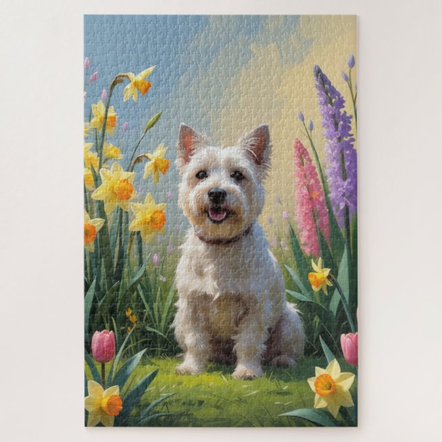 Puzzle Pintura de flores de primavera del perro terrier C (Vertical)