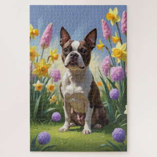 Puzzle Pintura de flores de primavera del perro Terrier d