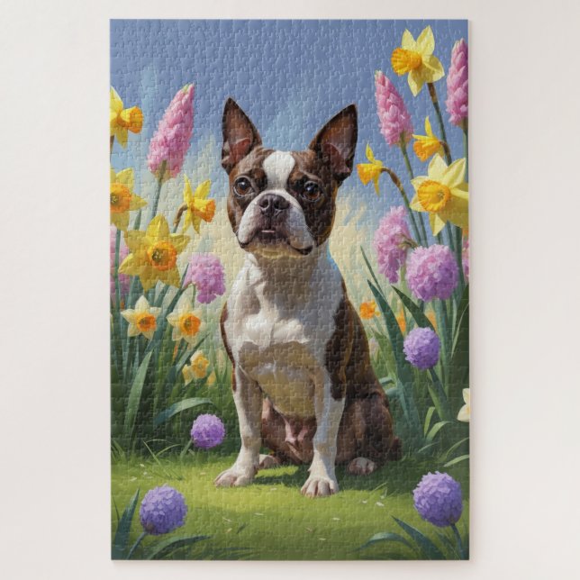 Puzzle Pintura de flores de primavera del perro Terrier d (Vertical)
