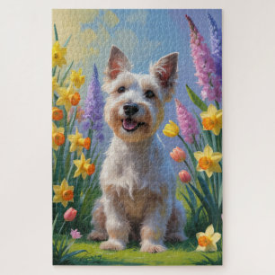 Puzzle Pintura de flores de primavera del perro terrier e