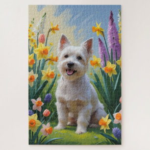 Puzzle Pintura de flores de primavera del perro terrier t