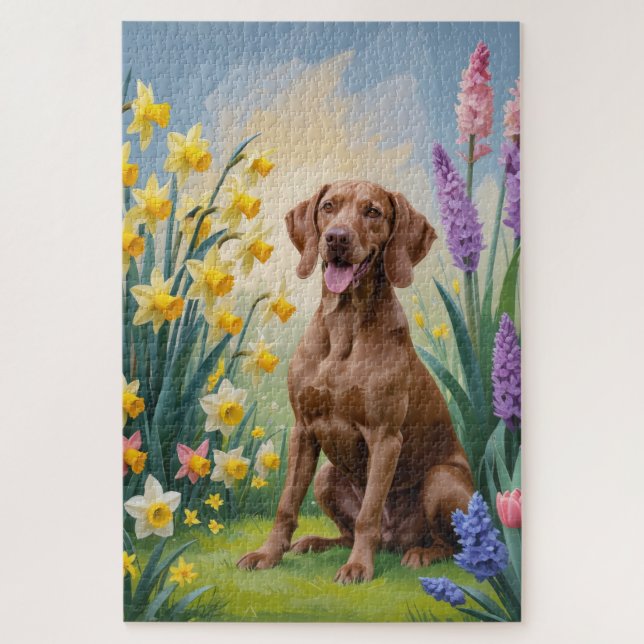 Puzzle Pintura de flores de primavera del perro Vizsla (Vertical)