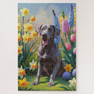 Puzzle Pintura de flores de primavera del perro Weimarane