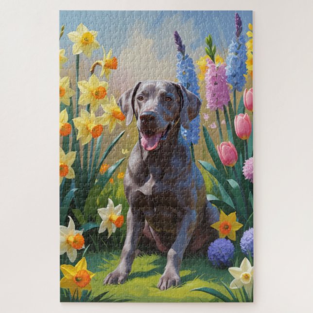 Puzzle Pintura de flores de primavera del perro Weimarane (Vertical)