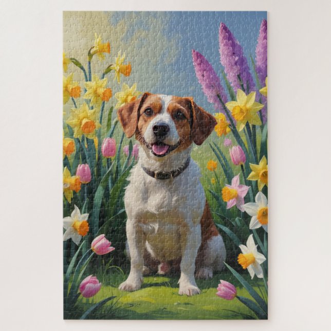 Puzzle Pintura de flores de primavera del terrier de la b (Vertical)