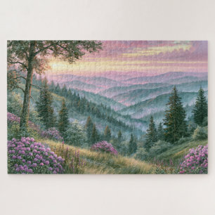 Puzzle Pintura de flores silvestres de lavanda, puesta de