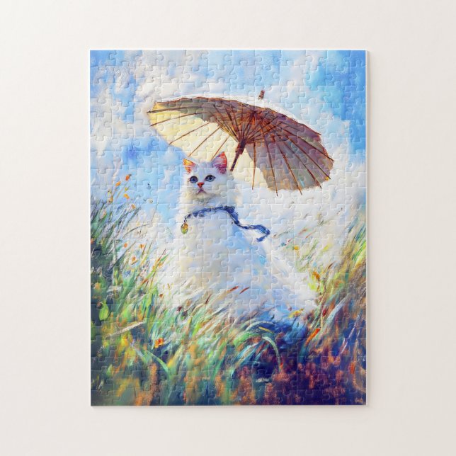 Puzzle Pintura de gato blanco con parasol en campo de ama (Vertical)