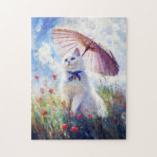 Puzzle Pintura de Gato Blanco con Parasol en Campo de Ama