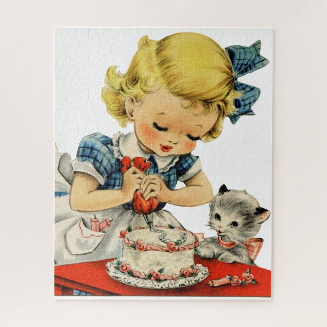 Puzzle Pintura de gato de Chica de cumpleaños retro (Vertical)
