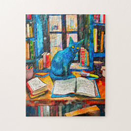 Puzzle pintura de Gato entre libros abiertos