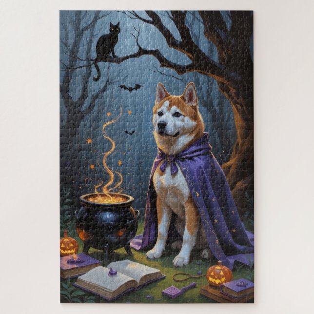 Puzzle Pintura de Halloween de Akita Dog (Vertical)