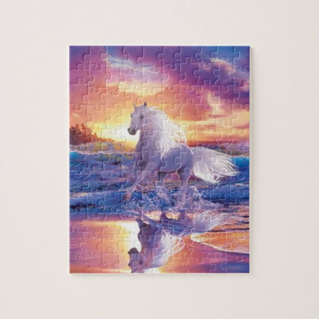 Puzzle Pintura de la playa de caballos de Stallion blanco (Vertical)