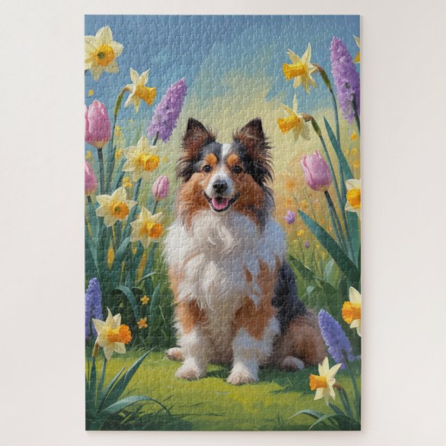 Puzzle Pintura de la primavera de Shetland Sheepdog Sprin (Vertical)