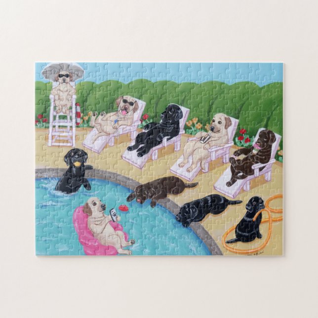 Puzzle Pintura de Labradors del fiesta del Poolside (Horizontal)