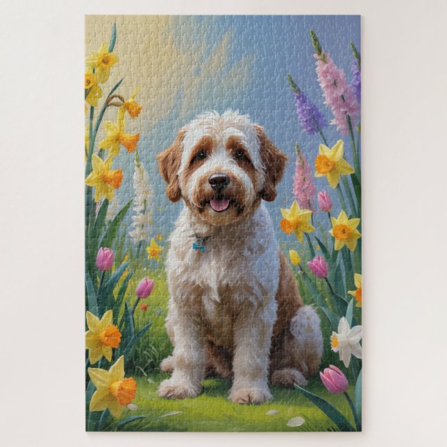 Puzzle Pintura de las flores de primavera de Bernedoodle (Vertical)