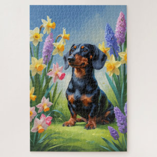 Puzzle Pintura de las flores de primavera de perro de Dac