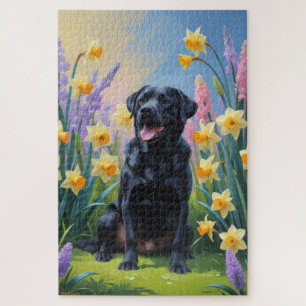 Puzzle Pintura de las flores de primavera de perro de Lab
