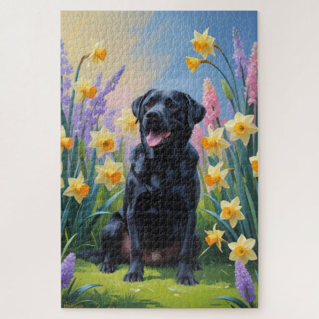 Puzzle Pintura de las flores de primavera de perro de Lab (Vertical)