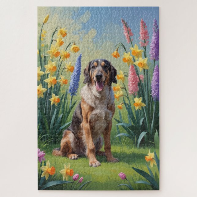 Puzzle Pintura de las flores de primavera de perro lobo (Vertical)