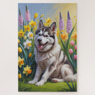 Puzzle Pintura de las flores de primavera del perro Husky