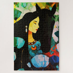 Puzzle Pintura de Mujer y Caballo Turquesa