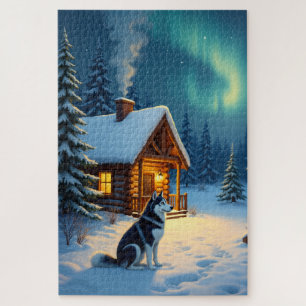 Puzzle Pintura de Navidad de cabaña nevada con Husky Sibe