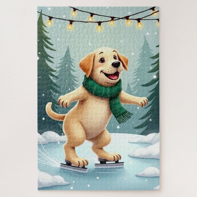 Puzzle Pintura de Navidad de Labrador Retriever patinando (Vertical)