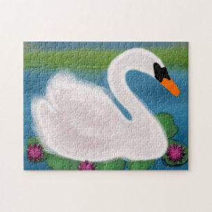 Puzzle Pintura de nenúfares con cisne blanco