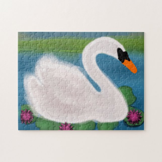 Puzzle Pintura de nenúfares con cisne blanco (Horizontal)