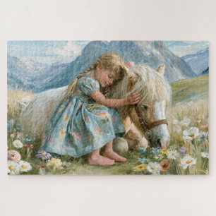Puzzle Pintura de niña poni montañas prado