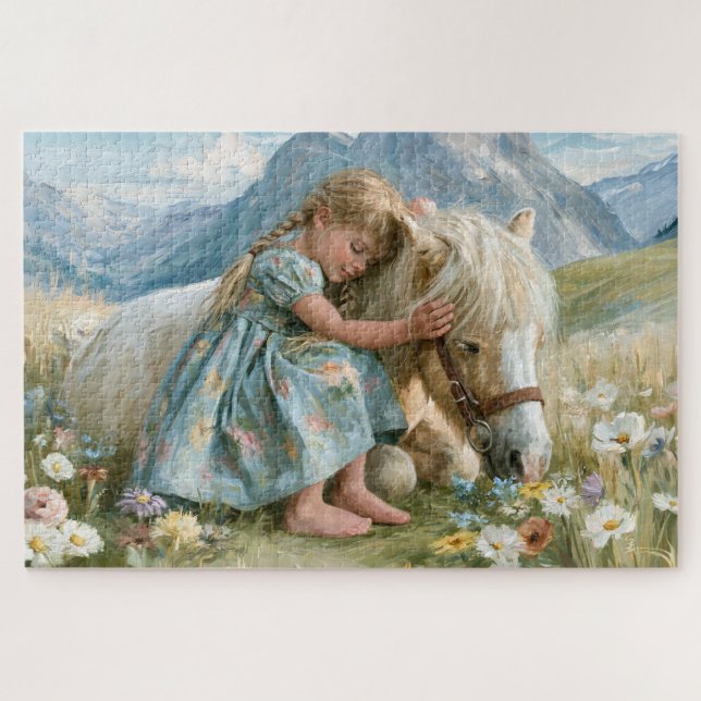 Puzzle Pintura de niña poni montañas prado (Horizontal)