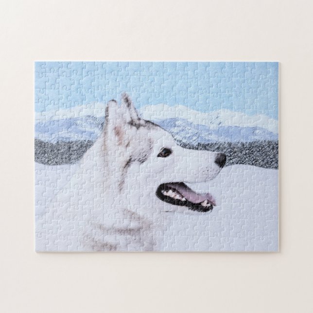 Puzzle Pintura de perro Husky Siberiano (Plata y Blanco)  (Horizontal)