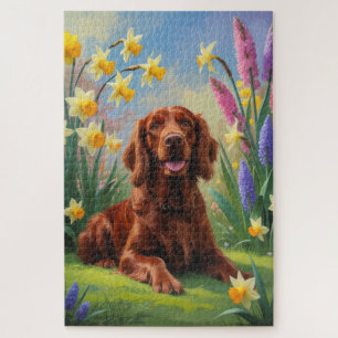 Puzzle Pintura de perro Setter Rojo Irlandés y flores de