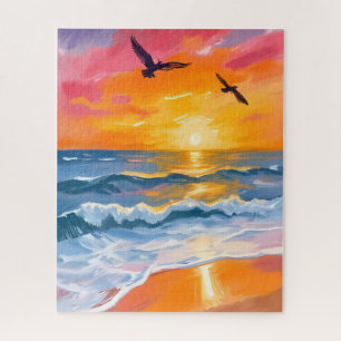 Puzzle Pintura de playa en acuarela de puesta de sol del