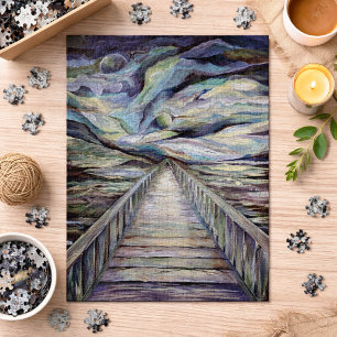 Puzzle Pintura de puente de madera en paisaje escandinavo