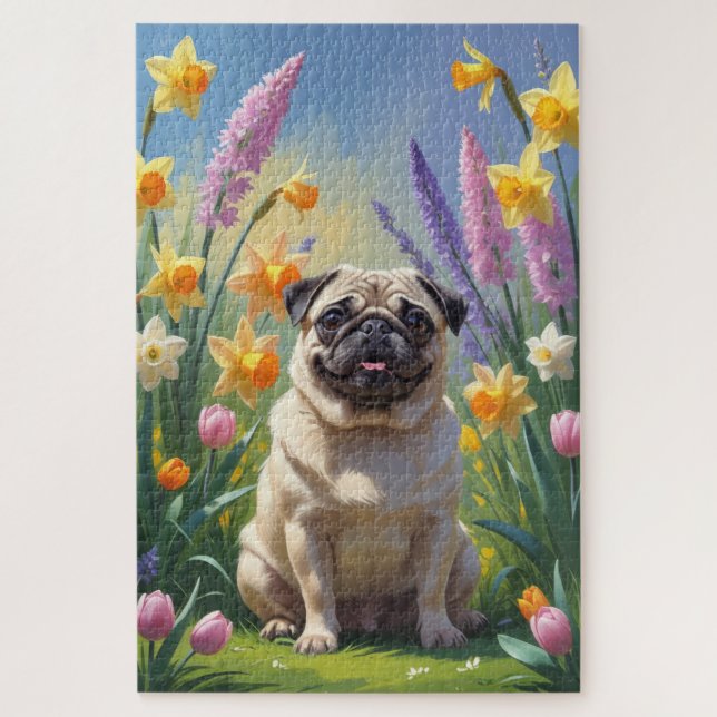 Puzzle Pintura de pug y flores de primavera (Vertical)