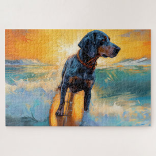 Puzzle Pintura de Surf en la Playa con Bluetick Coonhound