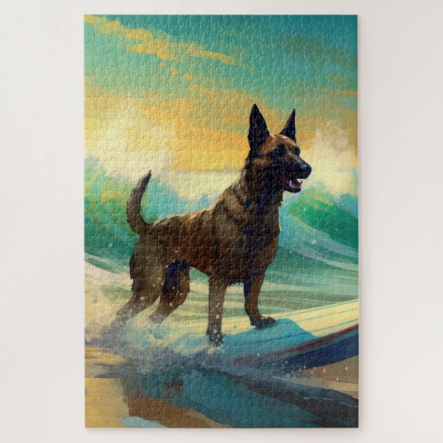 Puzzle Pintura de surf en la playa con Malinois belga (Vertical)