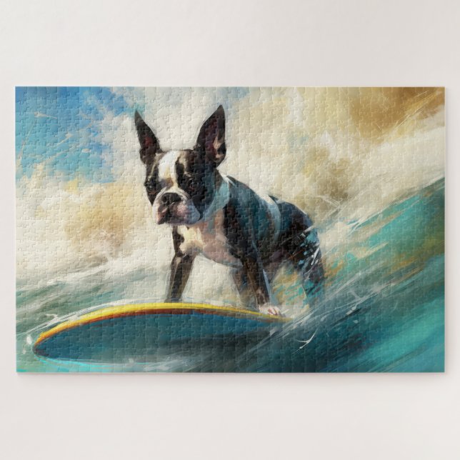 Puzzle Pintura de surf en la playa de Boston Terrier (Horizontal)