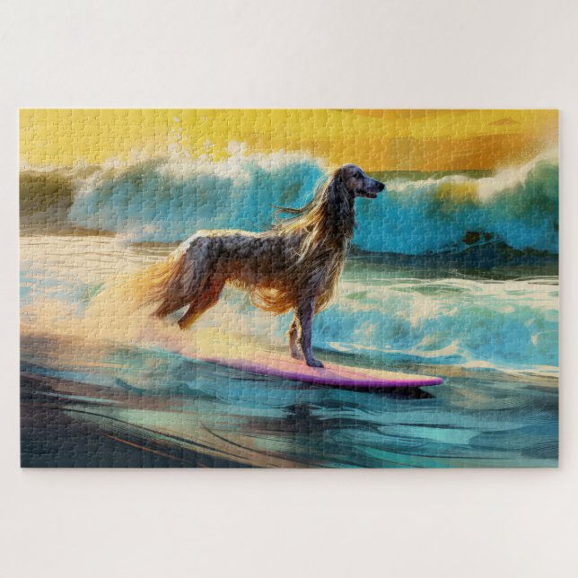 Puzzle Pintura de Surf en la Playa de Lebrel Afgano (Horizontal)