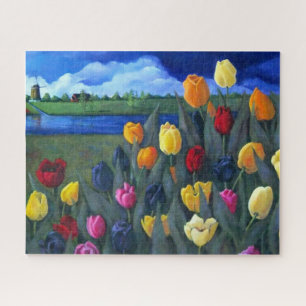 Puzzle Pintura de tulipanes holandeses y molino de viento